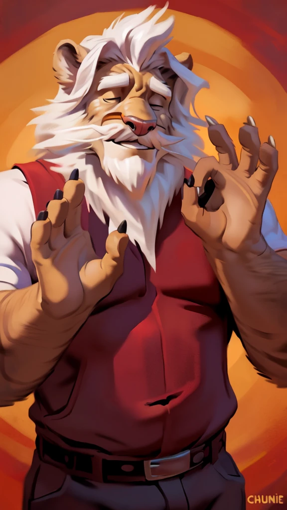 by chunie by catsudon by retros, male,((mature,mature male)),((Bearded,mustache)), felid, solo, Lion,(white hair), facial hair, facing viewer, (((closed eyes))), ((smilling)), feline claws, ((5 fingers)), red and orange spiral background, white shirt, smile, ((((ok gesture)))), palm forward,
