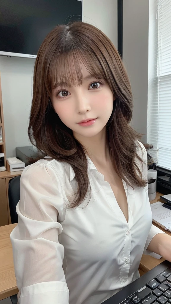 Tabletop, Highest quality, Very detailed, finely, High resolution, 8K Wallpaper, Perfect dynamic composition, beauty、8--old、 on the shoulder、Beautiful and detailed,Small face、Pure girl、thin、Thin body、thin、White business shirt、Natural color lip,office, Get to your desk、A lot of paperwork on the desk,、Operate a computer and do work、Hit the keyboard、My eyes are on the desktop、 Brown Hair、Short Bob、bangs、Beautiful breasts,thin体型、 Stern expression、
