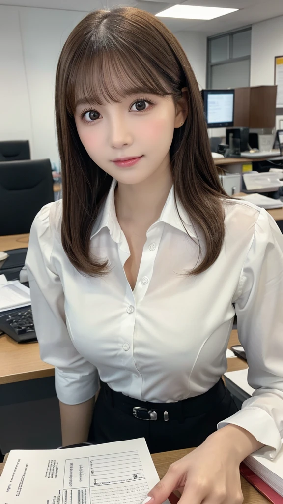 Tabletop, Highest quality, Very detailed, finely, High resolution, 8K Wallpaper, Perfect dynamic composition, beauty、8--old、 on the shoulder、Beautiful and detailed,Small face、Pure girl、thin、Thin body、thin、White business shirt、Natural color lip,office, Get to your desk、A lot of paperwork on the desk,、Operate a computer and do work、Hit the keyboard、My eyes are on the desktop、 Brown Hair、Short Bob、bangs、Beautiful breasts,thin体型、 Stern expression、