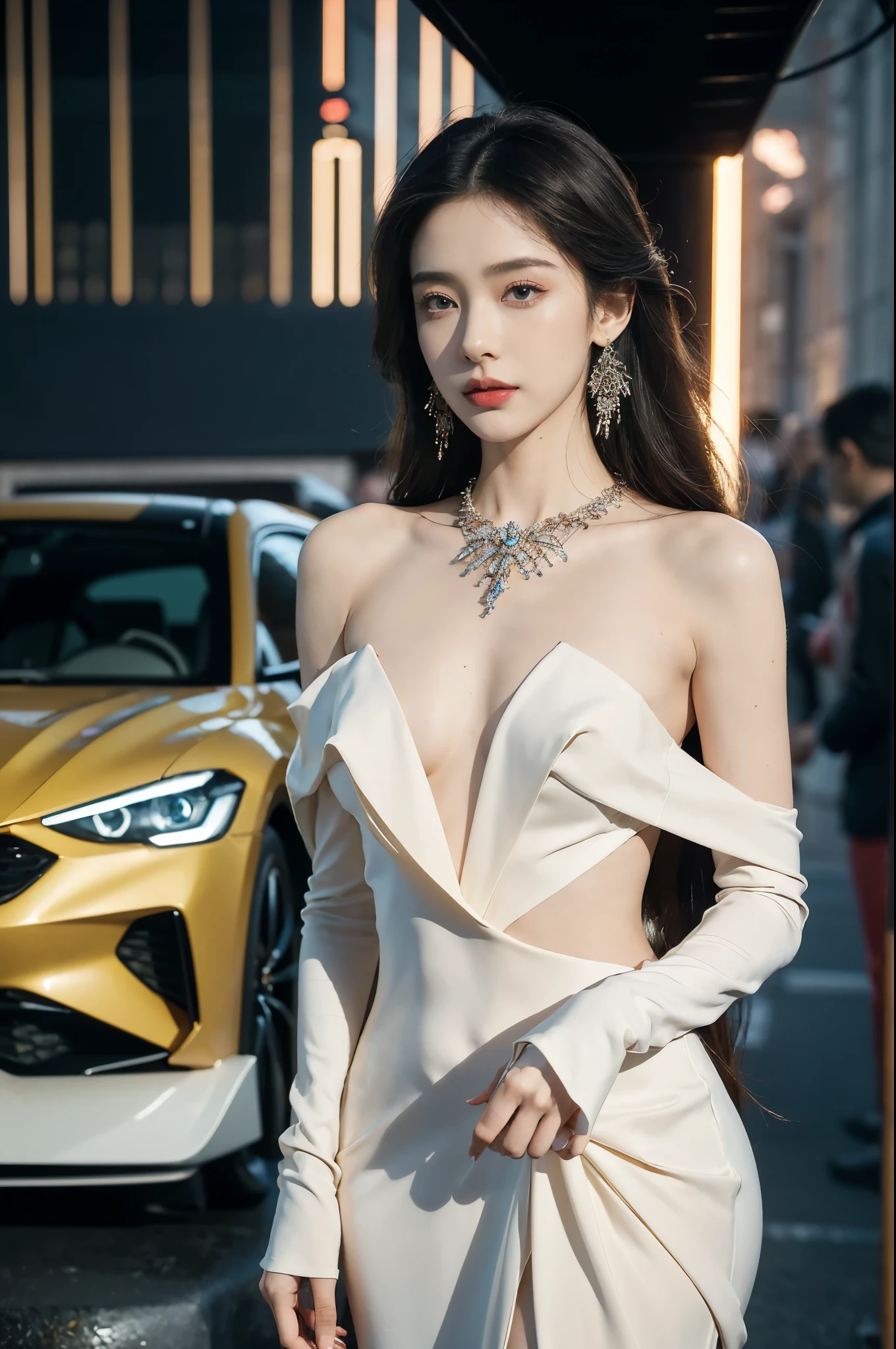 (((best quality))),(((ultra detailed))),(((masterpiece))),illustration,((1girl,gorgeous female model,solo)),((earrings,crystal necklace)),((slim,thin)),((small breasts,flat chest)),(slender legs:1.2),(standing:1.3),(beside a sleek futuristic car:1.3),(glamorres sparkled dress:1.3),intricate embellishments,drop-dead gorgeous,(shoulder length straight hair:1.2),vibrant piercing eyes,delicate facial features,rosy cheeks,parted res lips,confident allure,beauty grace,intricate patterns,shimmering fabric,elegant draping,complementary skin tone,radiates beauty,allure,sleek streamlined design,futurism,smooth curves angles,ambient lighting,ethereal aura,intricate patterns,LED lights,glow,sea of activity,(surrounded by crowded crowds:1.3),examine cars,electric atmosphere,cyberpunk style,excitement anticipation,energy palpable,enthusiasm future automobiles,modern elegance,technological innovation,captivating vibrant scene,invite viewers step into future,embrace beauty,((from front,upper body))