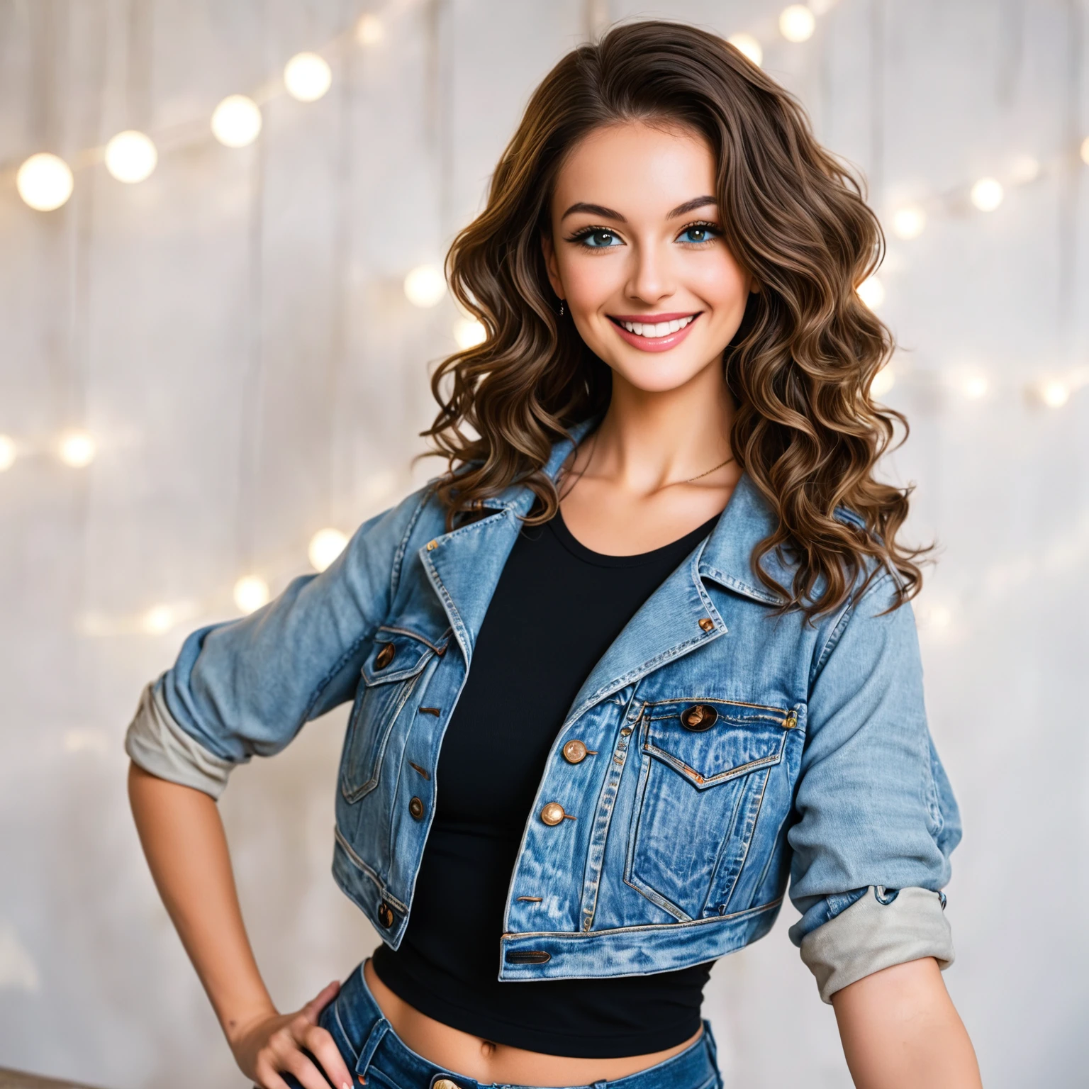 An image of a woman with voluminous wavy hair, standing confidently and smiling at the camera. She is wearing a light denim jacket with rolled sleeves, a black crop top, and high-waisted denim shorts. Her right hand rests on her hip, and her left arm is relaxed at her side. The setting is simple, with soft lighting that highlights her friendly demeanor and casual style.