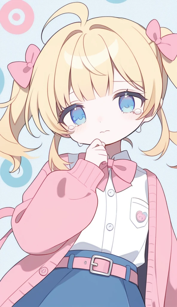 1girl,solo,core_9,score_8_up,score_7_up,Expressiveh,rating_safe,(masterpiece, best quality), pigtails,cryinglight blonde hair,mini pigtails,baby blue jean skirt with pink belt,pastel pink cardigan with buttons and a pastel pink bow,messy hair,pastel blue eyes,crying