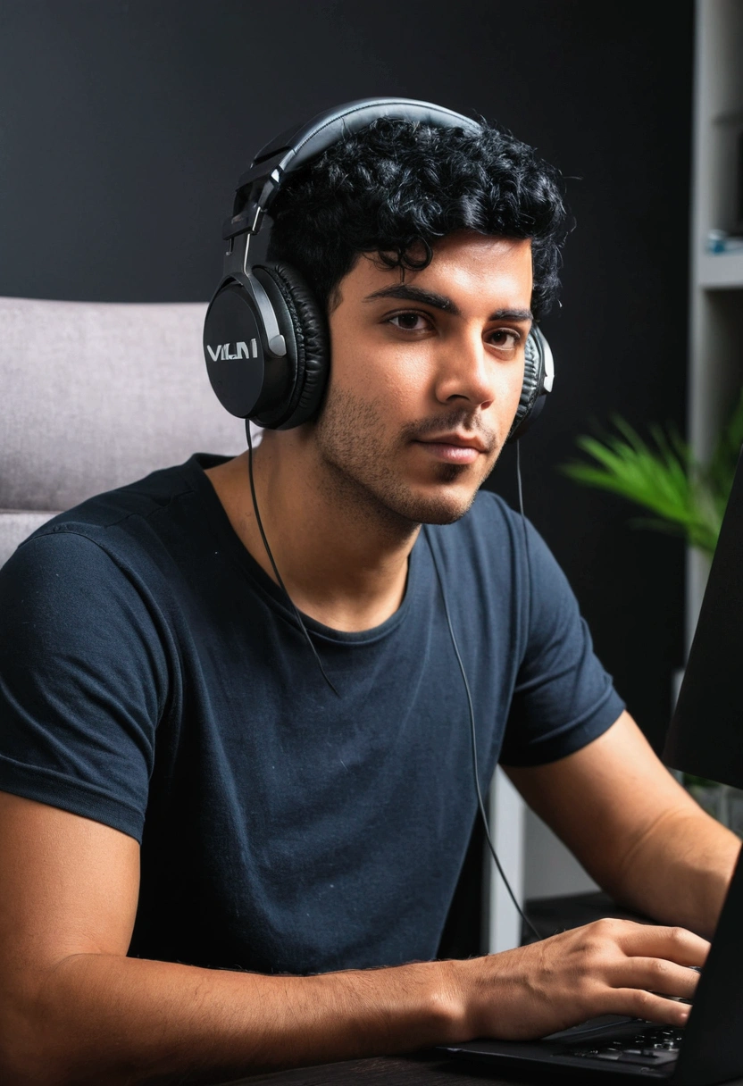 Brazilian man YouTuber with headphones in front of computer black hair