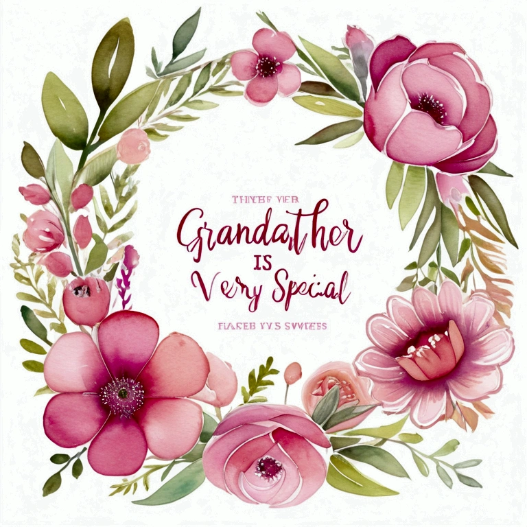 garland, Floral frame, Delicate watercolor flowers in shades of pink and vibrant pink, (text "Grandfather is very special":) , Engaging illustrations.