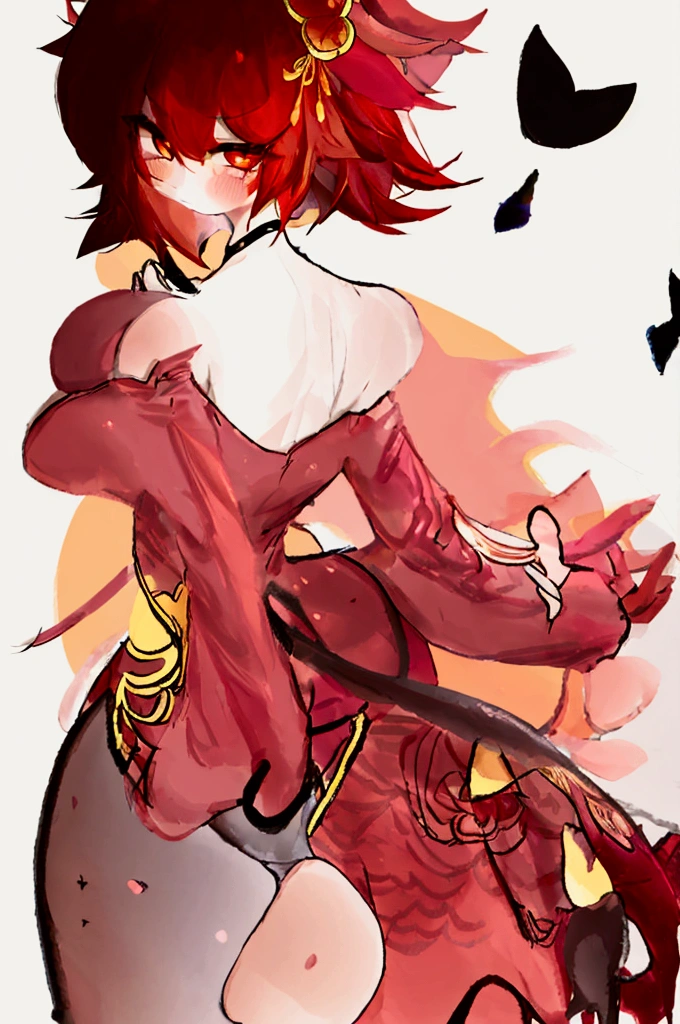 Exotic cartoon, oriental character, 1girl, breasts, tail, animal ears, solo, fox ears, fox tail, dress, skindentation, cheongsam, from the side, big, blush, white background, fox girl, looking viewer, bare shoulders, short hair, animal ear fluff, food, simple background, cheongsam, cowboy shot, removed sleeves, hair ornament, red dress, long sleeves, buttock