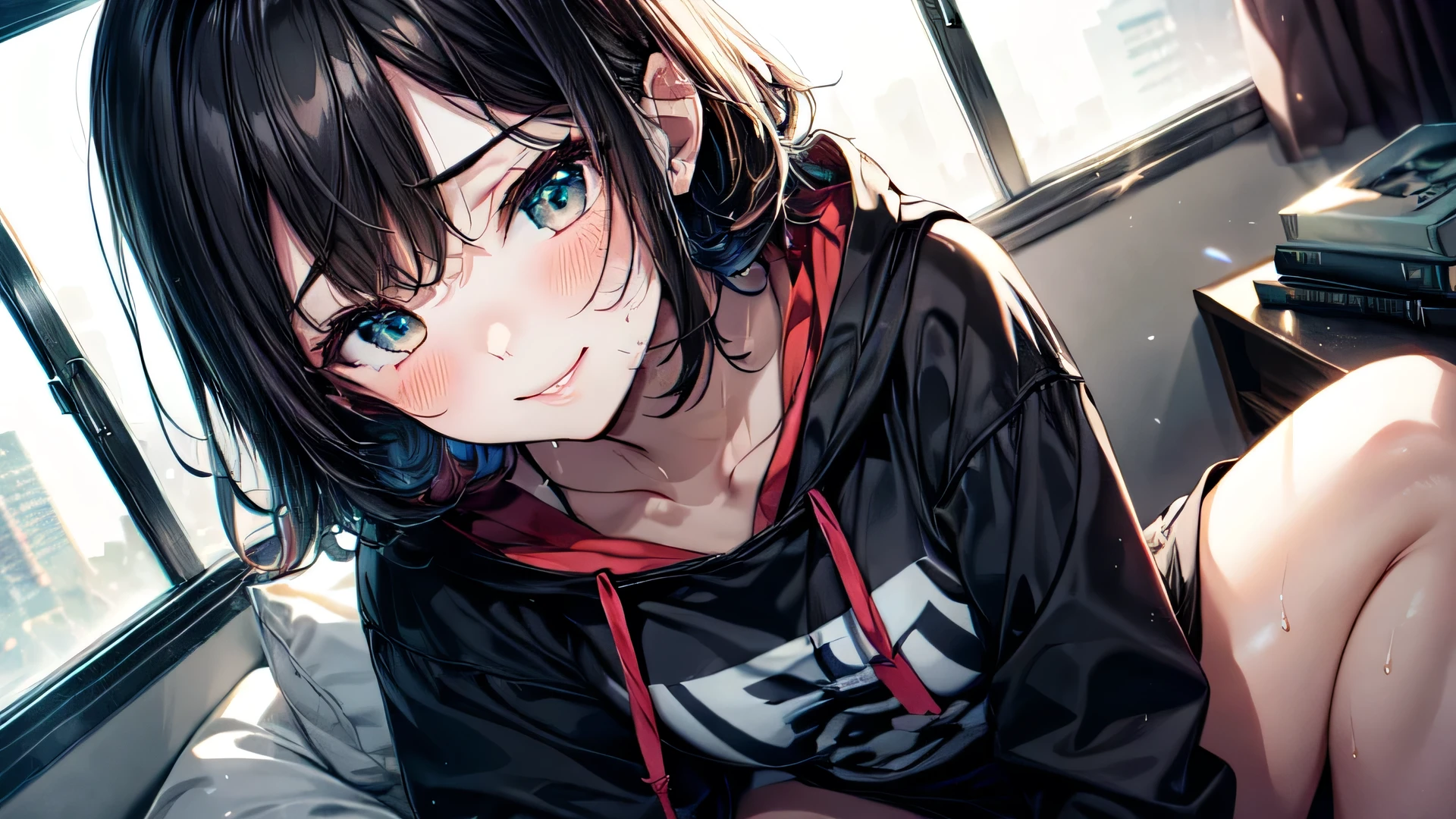 Very delicate,
beautiful girl,
break,
8k,
Highest quality,
masterpiece,
Super adopted,
Super detailed girls,
Ultra-fine illustrations,
break,
(Sexy pose:1.2),
(View your viewers),
whole body,
Dark bedroom,

night,
bloom,
Shine,
Rim Light,
Cinema Lighting,
Moody lighting,
break,
One girl,
alone,
College years,
Perfect female body,

Sitting on the bed,
wariza,
Spread your legs,
Black Hair,
short hair,
Bangs Hairpin,
Asymmetrical bangs,


Round face,
Pale turquoise eyes,
sleepy,
(smile:1.2),
(Embarrassing, happiness, blush:1.2),
(vapor:1.1),
(Wet:0.8),
(trembling:0.8),
(tears:0.8) ,
(Drooling:0.7),
(Sweat:1.1),
(Lips parted:1.3),
(Half-open eyes),
(Weak:1.3),
Medium chest,



break,

hoodie,
Pencil Skirt,
Long sleeve,