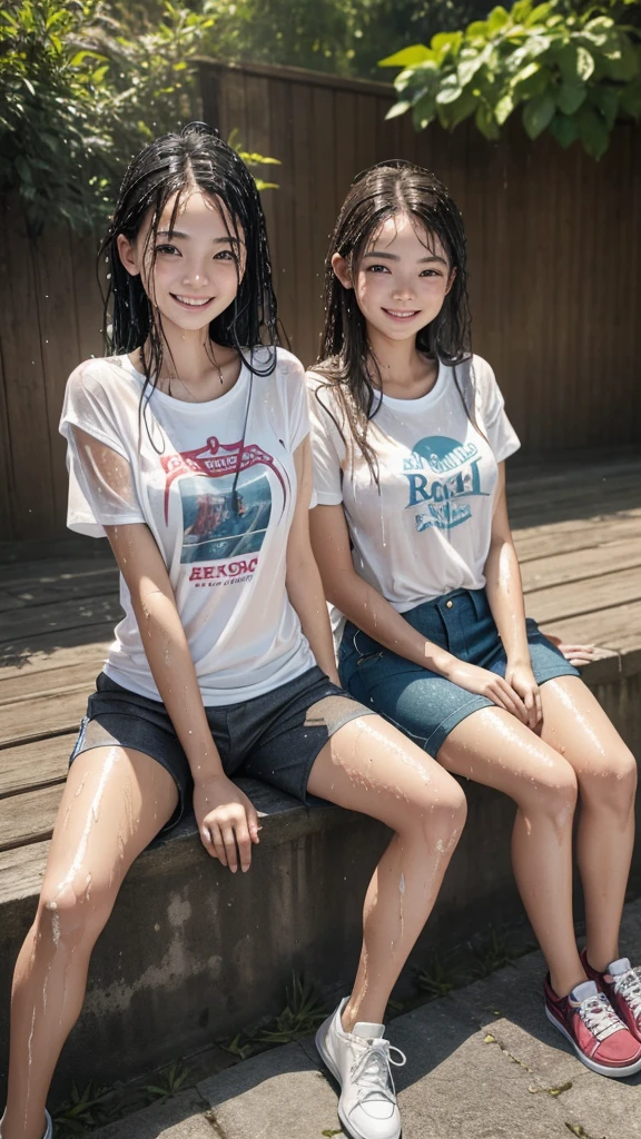 Photo, realistic, detail face, best image, best quality, Girl 20 years old and girl 17 years old, ((wet tshirt and short pants)), light smile, sitting, outdoors,