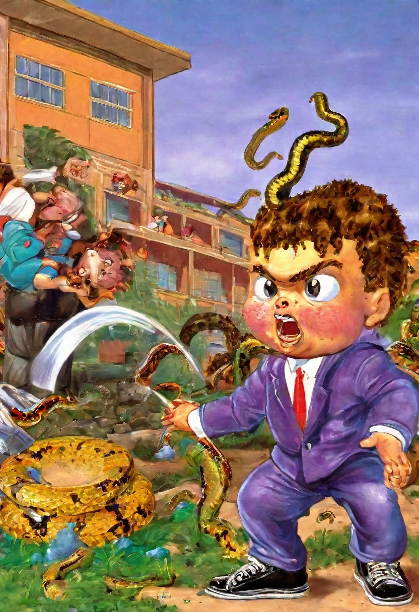 kid popping pimples on his face, snakes crawling out of holes, ((garbage pail kids style)), in a school, 3d cartoon, high quality, detailed full body