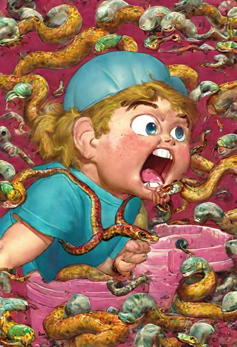 kid popping pimples on his face, snakes crawling out of holes, ((garbage pail kids style)), in a school, 3d cartoon, high quality, detailed full body