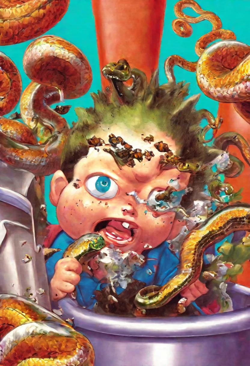 kid popping pimples on his face, snakes crawling out of holes, ((garbage pail kids style)), in a school, 3d cartoon, high quality, detailed full body