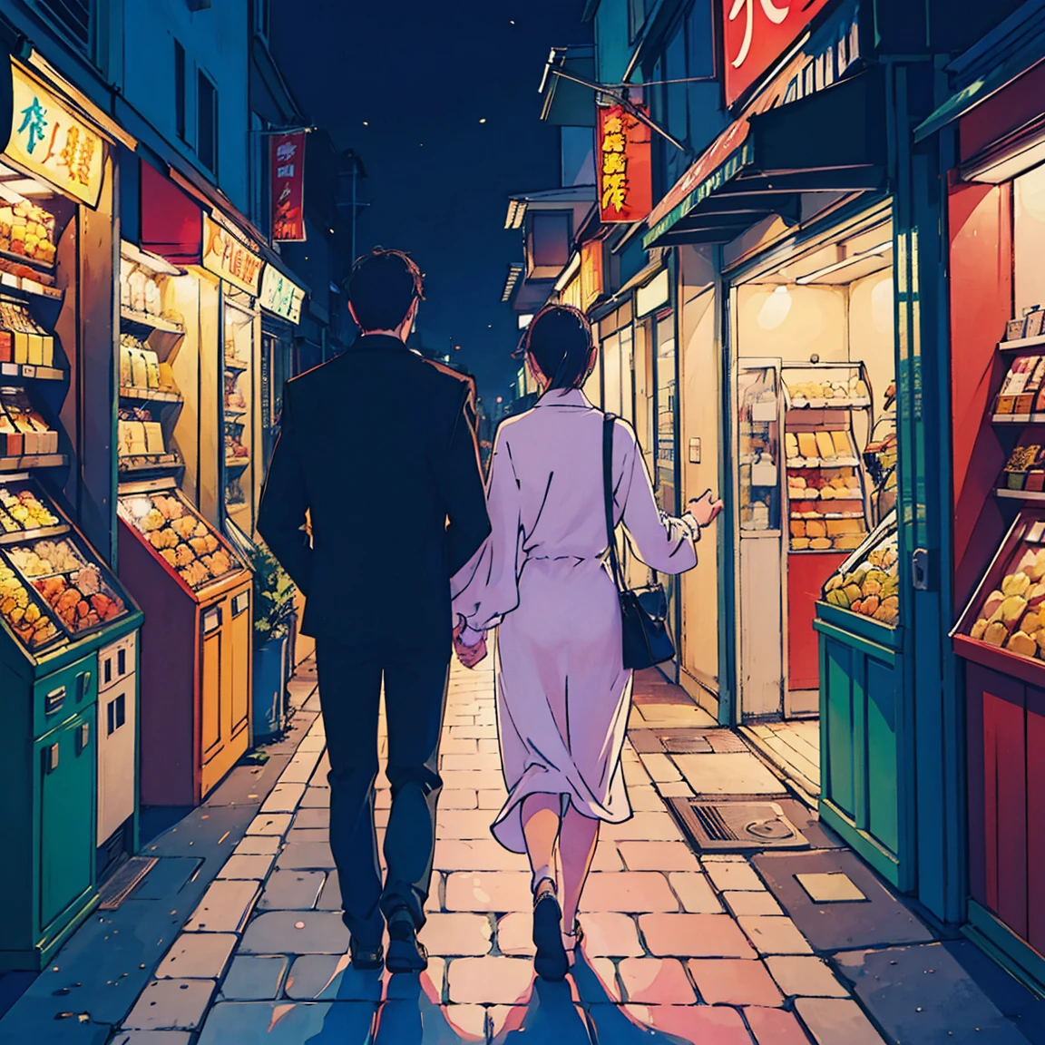 (((men and women)))、(((Two people)))、street、stroll、Back view、evening、street樹、convenience store、Emotional、City Pop、