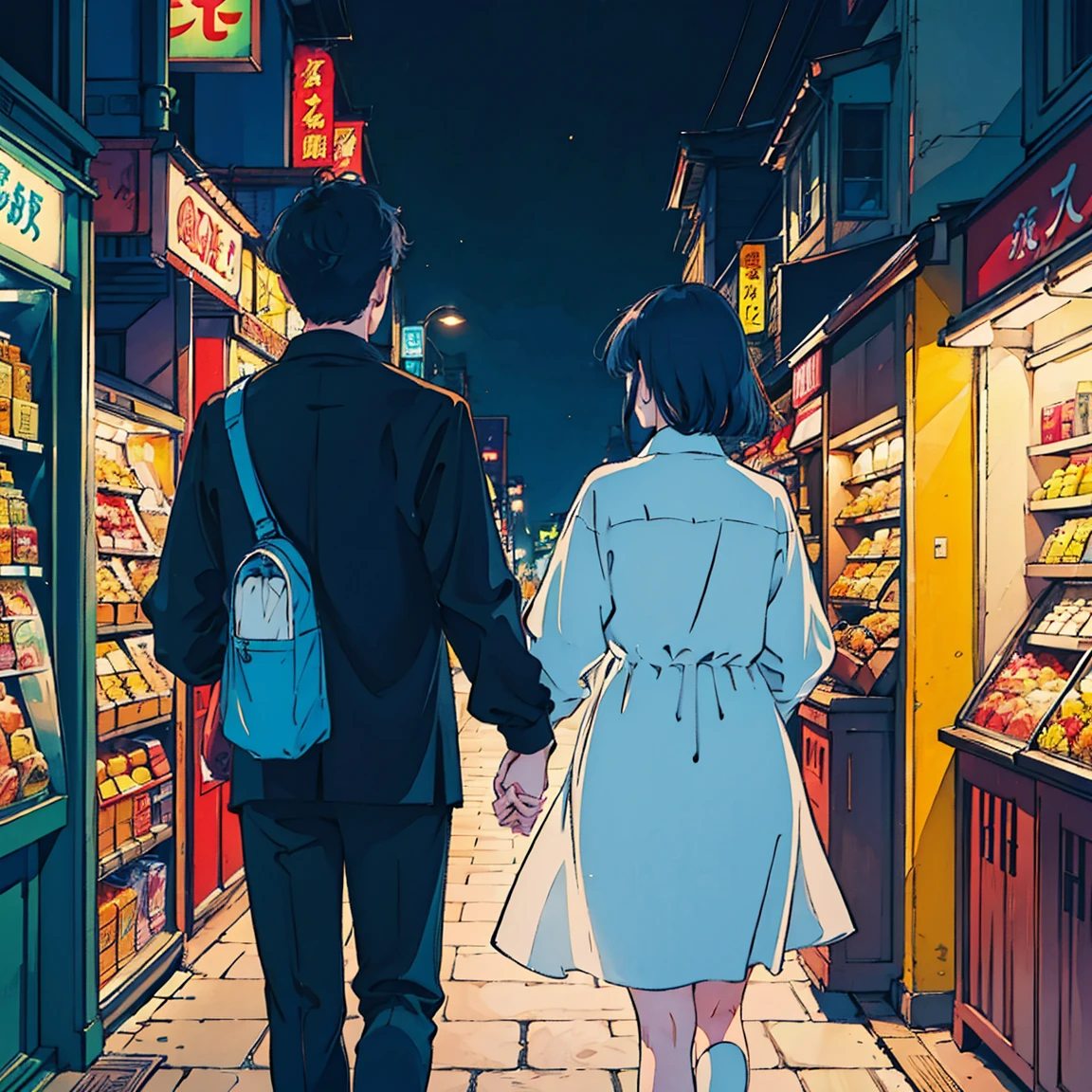 (((men and women)))、(((Two people)))、street、stroll、Back view、evening、street樹、convenience store、Emotional、City Pop、