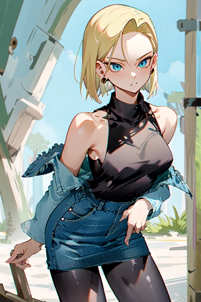 best quality, highres, and18, 1girl, android 18, solo, blonde hair, blue eyes, short hair, earrings, jewelry, denim vest, open vest, black pantyhose, black shirt, denim skirt, striped long sleeves, blue skirt, medium breasts, cowboy shot, street, (Externally expanded Chest:1.2), (Strapless:1.2), off-the-shoulder, bent over, forest