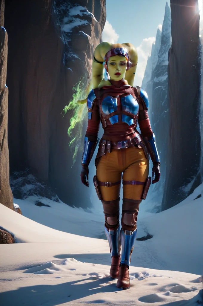 a ((fall body)) (((hera syndulla))) ((green skin )) ((female twi'lek ))mandalorian,walking on snow, ((green fire eyes )) , beautiful detailed eyes, beautiful detailed lips, extremely detailed face, long eyelashes, mandalorian armor, sci-fi, cinematic lighting, dramatic, epic, intricate details, hyper-realistic, 8k, high-quality, photorealistic
