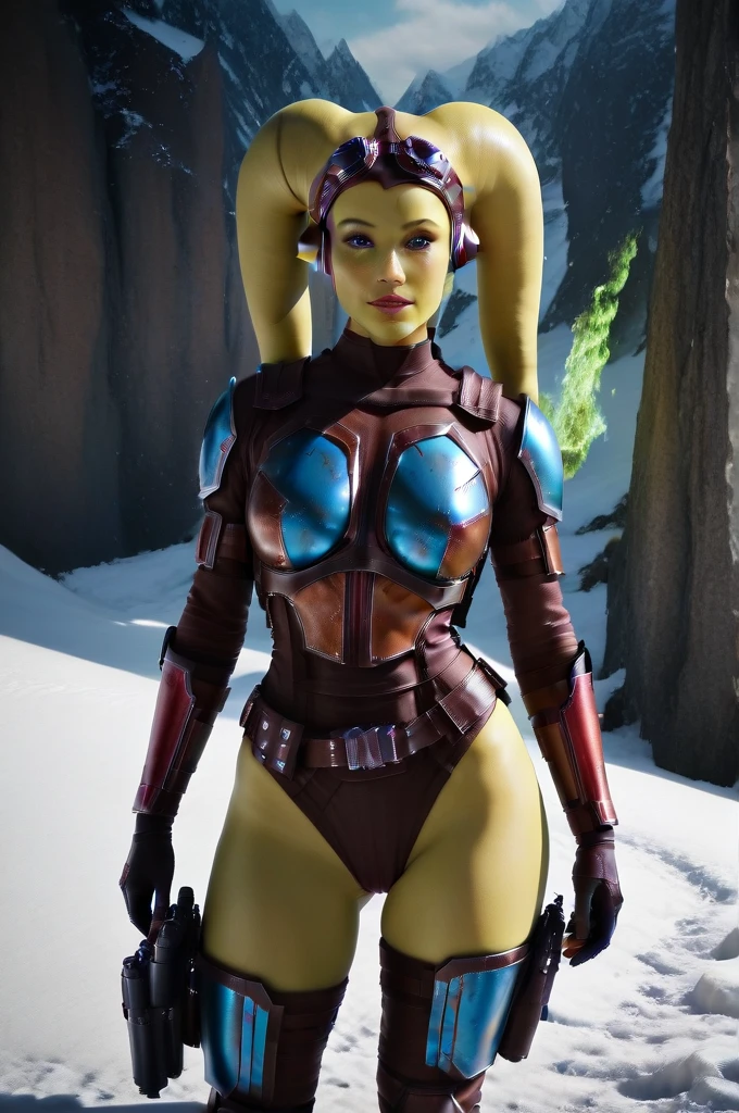 a ((fall body)) (((hera syndulla))) ((green skin )) ((female twi'lek ))mandalorian,walking on snow coverd ruins , ((green fire eyes )) , beautiful detailed eyes, beautiful detailed lips, extremely detailed face, long eyelashes, mandalorian armor, sci-fi, cinematic lighting, dramatic, epic, intricate details, hyper-realistic, 8k, high-quality, photorealistic
