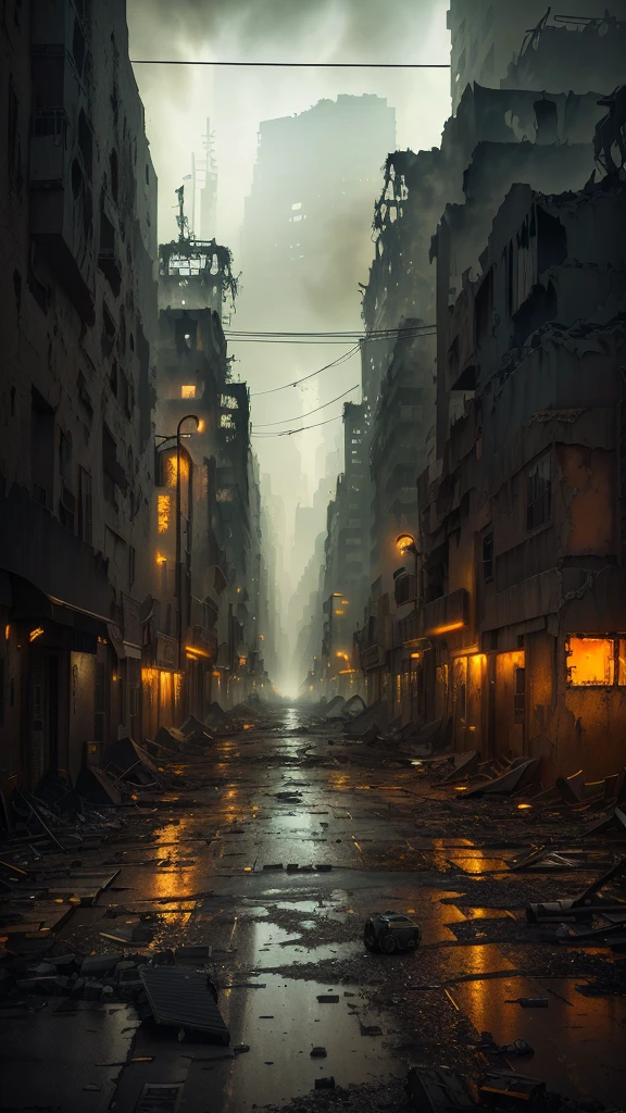 there is a dark street with a lot of buildings and a street light, post - apocalyptic city streets, post apocalyptic street, in a post apocalyptic city, post apocalyptic district, post - apocalyptic city, an abandoned dystopian city, destroyed city on fire, post apocalyptic city, destroyed city, post apocalyptic atmosphere, dark abandoned city streets, digital concept art of dystopian, burned city