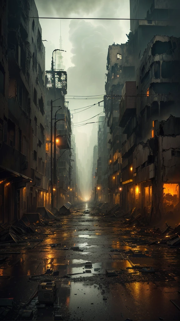 there is a dark street with a lot of buildings and a street light, post - apocalyptic city streets, post apocalyptic street, in a post apocalyptic city, post apocalyptic district, post - apocalyptic city, an abandoned dystopian city, destroyed city on fire, post apocalyptic city, destroyed city, post apocalyptic atmosphere, dark abandoned city streets, digital concept art of dystopian, burned city