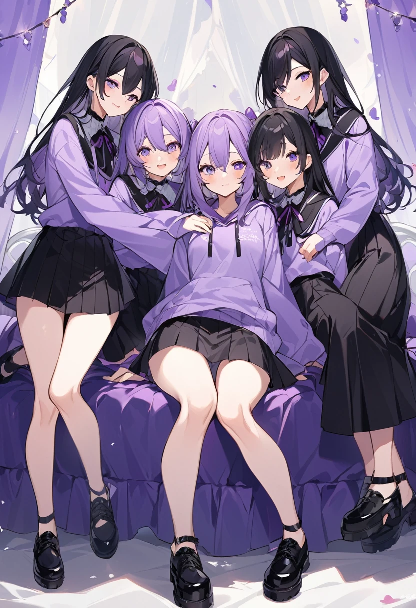 Keito。Purple hoodie。Black Skirt。Purple Eyes。Black Hair。Black shoes下。Black shoes。six sisters。They both have lavender hair。all female。Sextuplets。Purple bed