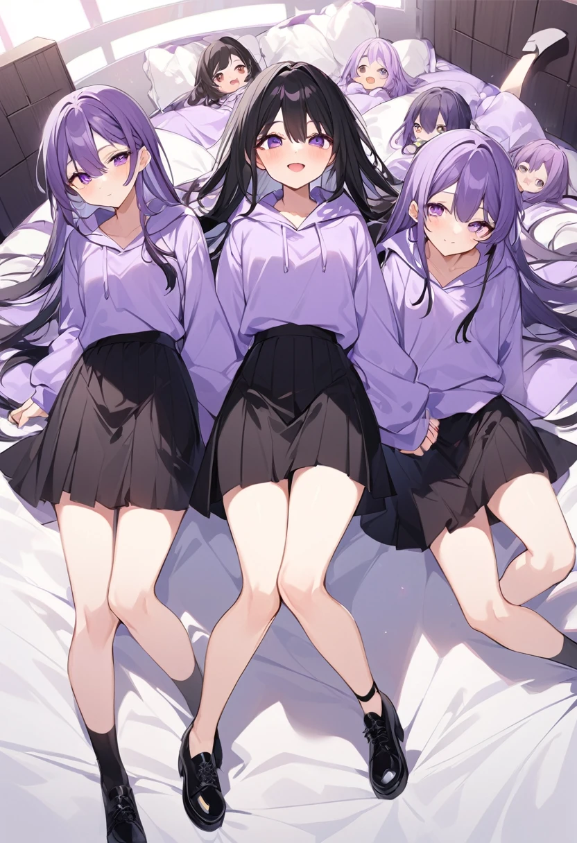 Keito。Purple hoodie。Black Skirt。Purple Eyes。Black Hair。Black shoes下。Black shoes。six sisters。They both have lavender hair。all female。Sextuplets。Purple bed