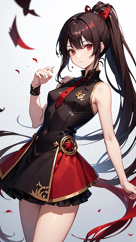 Anime boy with red eyes dark brown ponytail hair wearing fantasy dress