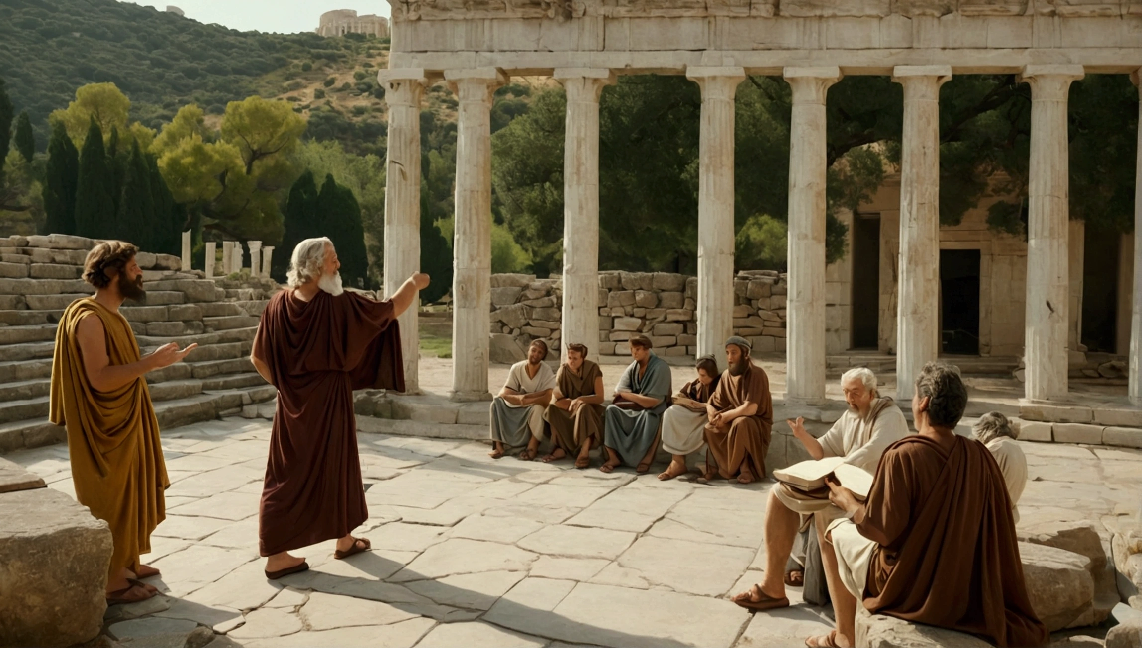 "Epictetus teaching his students in an ancient setting, with Greek columns in the background, emphasizing the transmission of Stoic wisdom."
