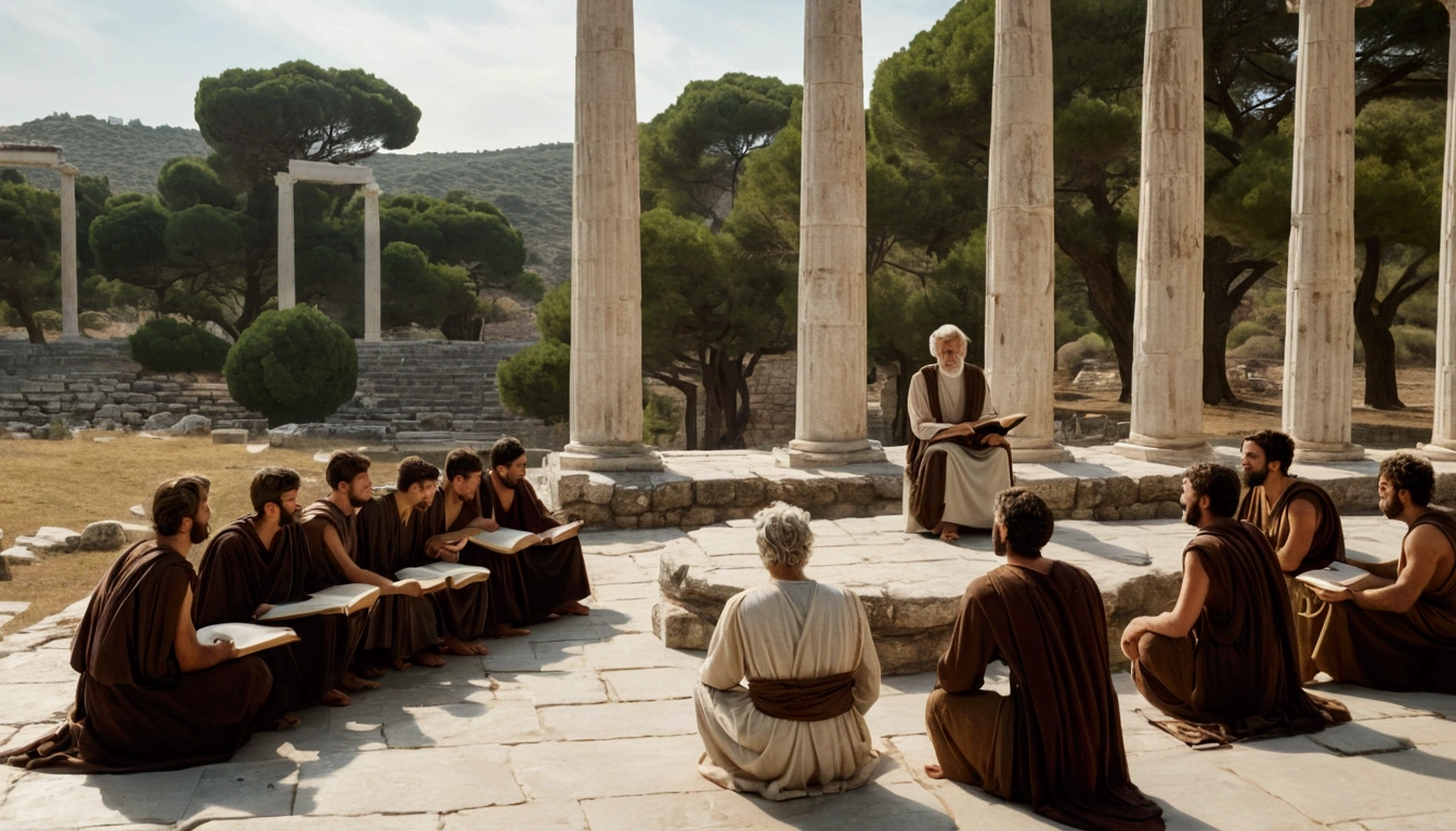 "Epictetus teaching his students in an ancient setting, with Greek columns in the background, emphasizing the transmission of Stoic wisdom."