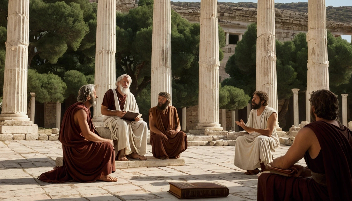 "Epictetus teaching his students in an ancient setting, with Greek columns in the background, emphasizing the transmission of Stoic wisdom."