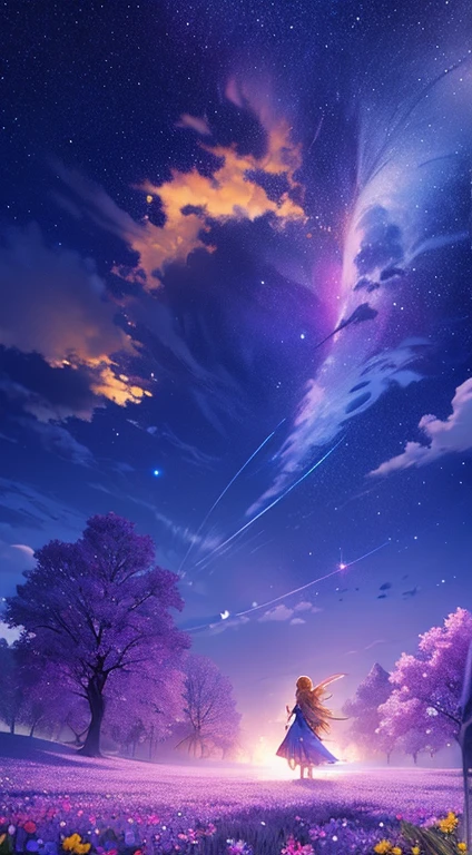 1people々々々々々々々々々々,Blonde long-haired woman,Fairy,Dancing, Dress Silhouette, Rear View,Space Sky, Flower Field,Colorful flowers,shooting star々,