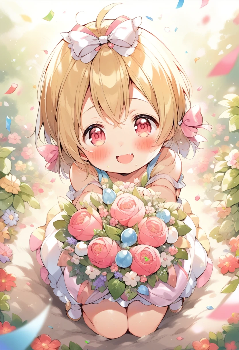 (best quality, masterpiece:1.2),(ultra high quality:1.2),smooth soft skin, natural skin, (super fine illustration:1.2), watercolor, breathtalking Scenery, breathtalking Beauty, breathtalking Cute,
BREAK
( female child: (loli:1.8), 4 years old, dler:1.3), (eschoer:1.1),(infantt chest,baby face,oily skin, ultra cute f happy smile, beautiful eyes, detailed eyes
BREAK
(short blond:1.2) messy hair,(fang:1.1), (pink eyes:1.2), puffy eyes, antenna hair,double tooth, blond hair,
BREAK
exposed navel,(excessive detailed navel:1.2),cropped pink camisole, micro mini denim shorts,high waist,exposed shoulders,
BREAK
(holding flower bouquet:1.5), (Finger behind the bouquet:1.2), (Hands behind the bouquet:1.5), Ultra detailed flowers, (flowers background:1.1), (Flower bouquet:1.1), Falling petals, celebration, Solo, Congratulations, (blush:1.2), Confetti, (dust particles:1.2), Starshine, bloom effect, bow ribbon,Leaf carpet, Create a mesmerizing display of power and beauty,sunshine,