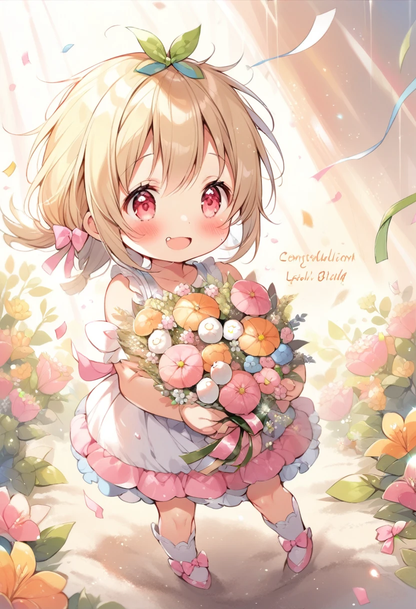 (best quality, masterpiece:1.2),(ultra high quality:1.2),smooth soft skin, natural skin, (super fine illustration:1.2), watercolor, breathtalking Scenery, breathtalking Beauty, breathtalking Cute, 
BREAK
(little female child:1.8), (loli:1.8), 4 years old, (loli toddler:1.3), (preschooler:1.1),(infant:1.1),flat chest,baby face,oily skin, ultra cute face, happy smile, beautiful eyes, detailed eyes
BREAK
(short blond:1.2) messy hair,(fang:1.1), (pink eyes:1.2), puffy eyes, antenna hair,double tooth, blond hair,
BREAK
exposed navel,(excessive detailed navel:1.2),cropped pink camisole, micro mini denim shorts,high waist,exposed shoulders,
BREAK
(holding flower bouquet:1.5), (Finger behind the bouquet:1.2), (Hands behind the bouquet:1.5), Ultra detailed flowers, (flowers background:1.1), (Flower bouquet:1.1), Falling petals, celebration, Solo, Congratulations, (blush:1.2), Confetti, (dust particles:1.2), Starshine, bloom effect, bow ribbon,Leaf carpet, Create a mesmerizing display of power and beauty,sunshine,
