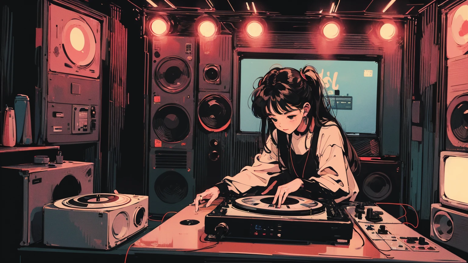 DJ Deck、The two turntables and mixer are Technics, Ticker, Ticker World DJ Championships, DJ Girl, クールなヘッドセットをつけたHIPHOPファッションのDJ Girl,Front view , Two large LED-illuminated speakers on each side, Immerse yourself in a neon-lit environment, In front of her is a music mixer and a turntable..、The record is placed on the turntable,
