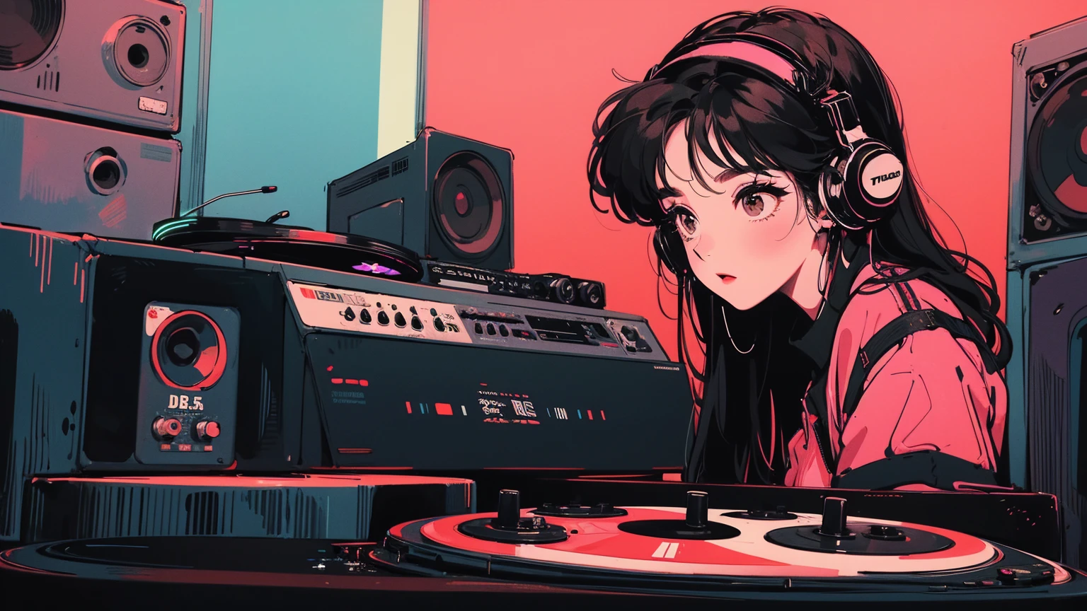 DJ Deck、The two turntables and mixer are Technics, Ticker, Ticker World DJ Championships, DJ Girl, クールなヘッドセットをつけたHIPHOPファッションのDJ Girl,Front view , Two large LED-illuminated speakers on each side, Immerse yourself in a neon-lit environment, In front of her is a music mixer and a turntable..、The record is placed on the turntable,