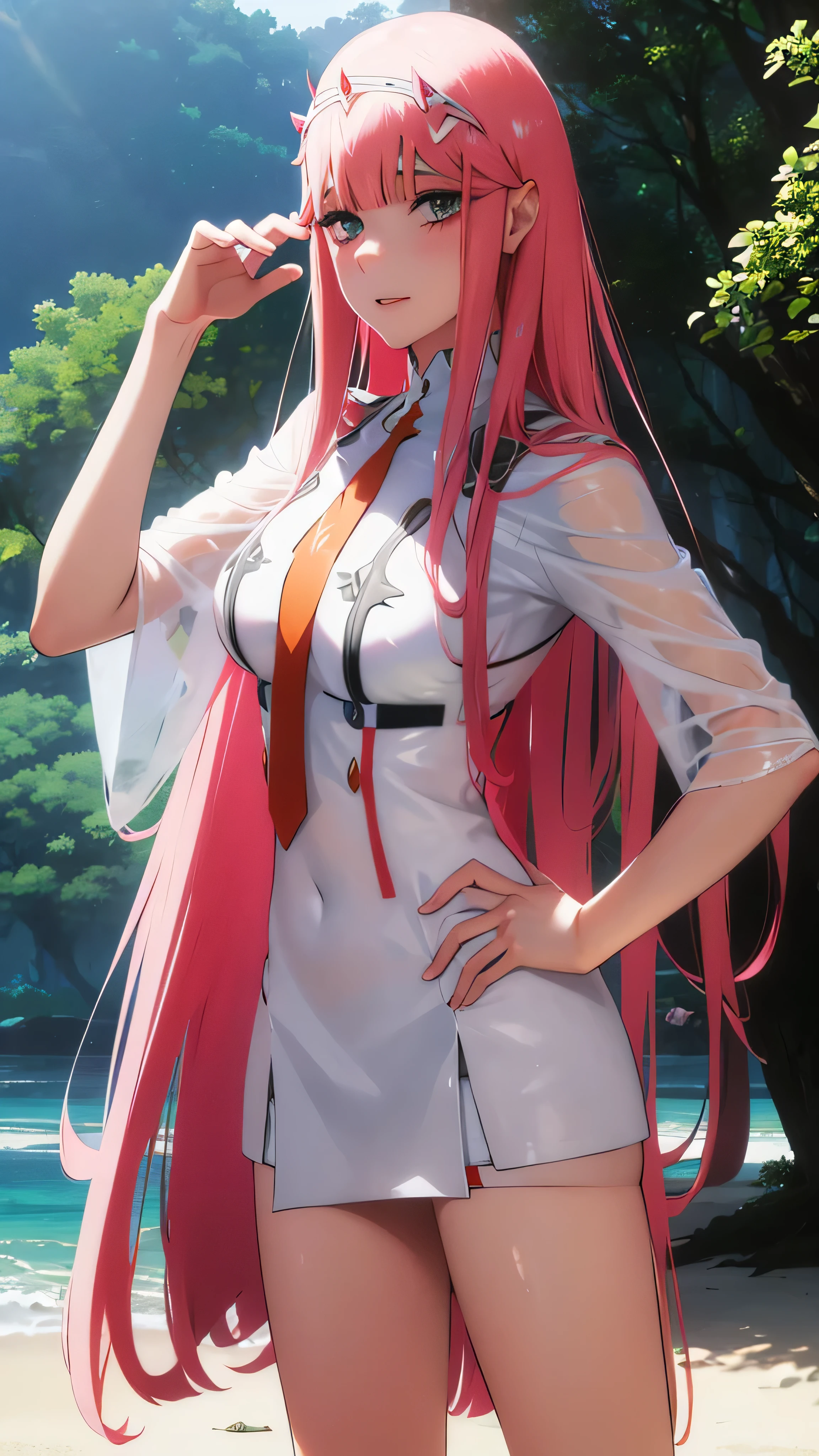 zero two from (darling in the franxx), waring a read bikini in the beach, full body, high ris, photo realistic,looking at viwer, masterpece, 4k