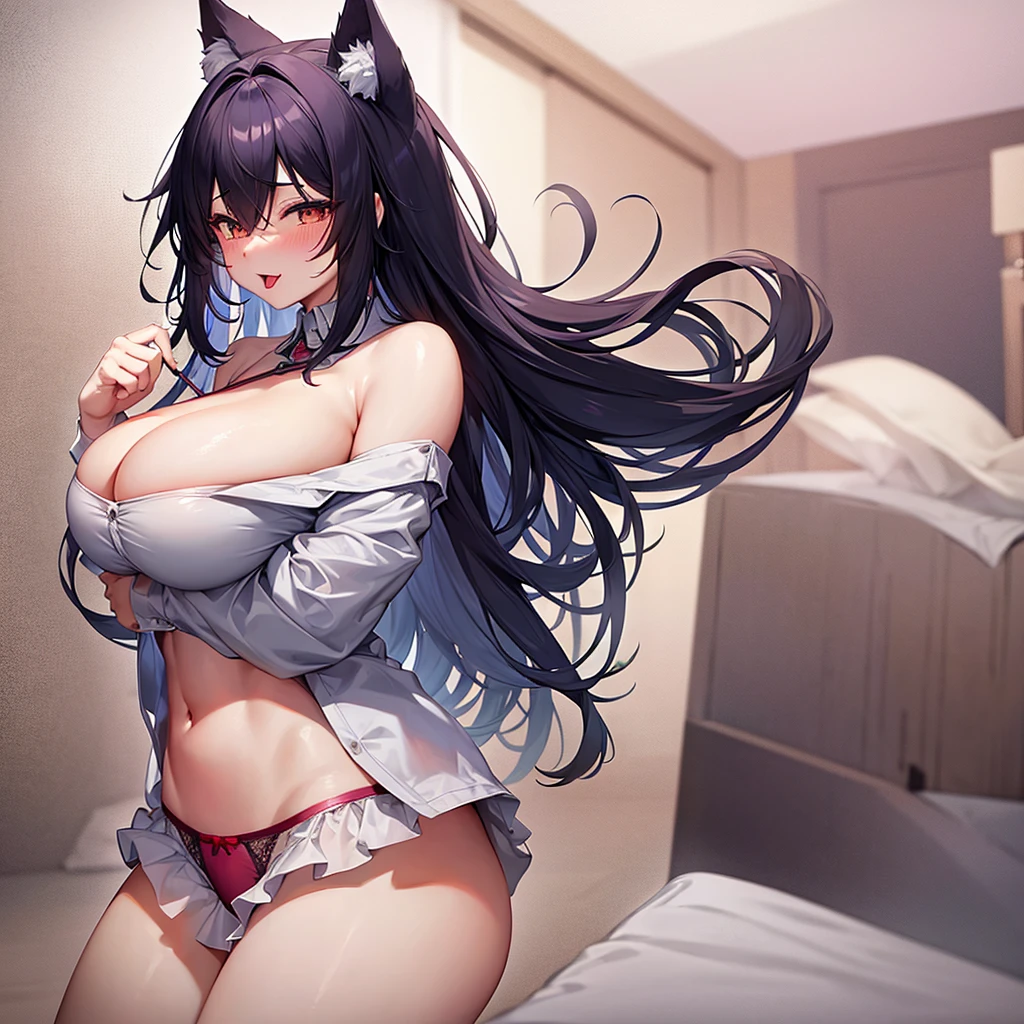 Big Breasts、High resolution, Blushing, Ahegao, tongue, Shortcuts,Underwear bed、Wolf Cut, Highest quality,