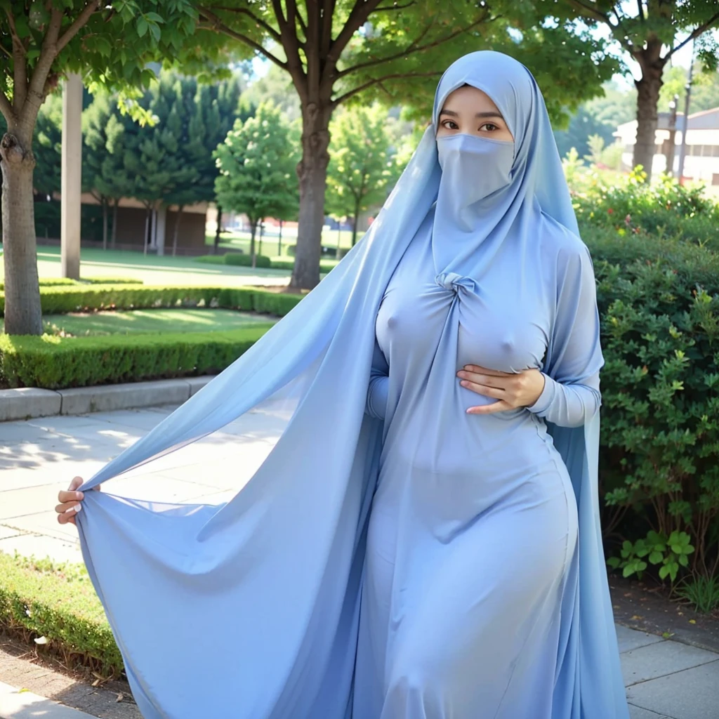 a beautiful young woman hijab, (((super big breast))), (very big breast covered), (Big breast), bare breast, perfect face, (((very huge big breast,))), ((( Big Breast))) long dress muslim, (((covering mouth, long veil))), Slim Face、20 years old, stil young, Pretty Lady, smile eyes, stand up, (big breast covered) , see full body, outdoir