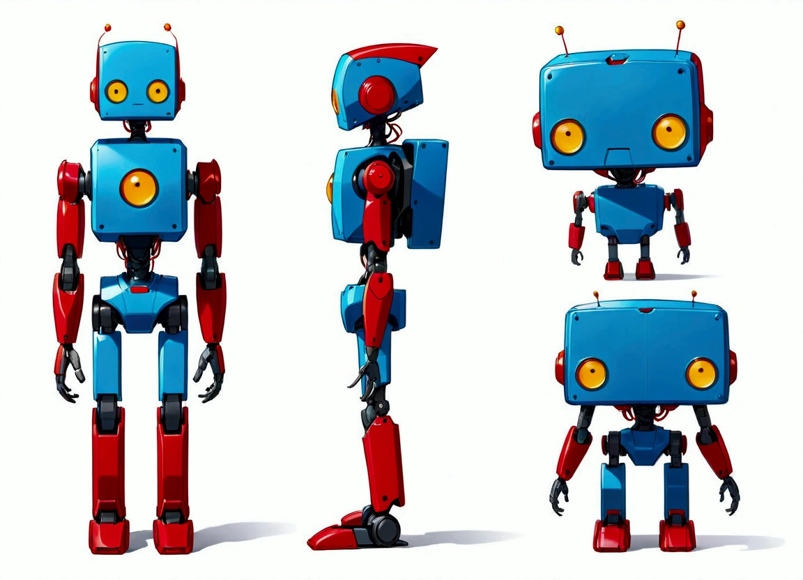 small tender robot like wally-e , short legs, reactangular rectangular head with eyes ((front, side, back views of the same character)) , white background