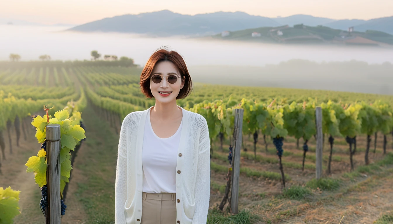 Post Creativity Upscale Transformation Upscale Download Generation Data Prompt Txt2Img 8k Realistic, lifelike photo,, 36 year old Korean woman, Short in stature, pretty like a model. front view, White shirt and short cardigan, casual pants, short medium hair, Smiley, Italy. vineyard, thick dawn fog. vineyard 지나 짙은 안개 속으로 저 멀리 성당이 보인다. Full body shot from afar with a wide angle lens , 1 woman, Short in stature, looking at the camera, Excellent picture quality, The morning fog is thick, The picture quality is alive. Full body shot with Canon 16-35 wide angle lens, Wearing sunglasses and looking up to the side, The cathedral is visible in the red morning sunlight.