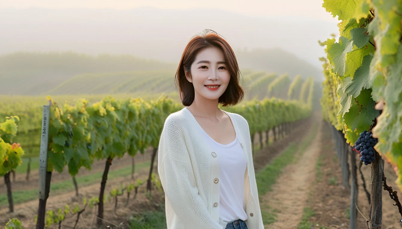 8k realistic, lifelike photo,, 36 year old Korean woman, Short in stature, pretty like a model. White shirt and short cardigan, casual pants, short medium hair, Smiley, Italy. vineyard, thick dawn fog. vineyard 멀리 짙은 안개 속으로 성당이 보인다. 1 woman, Short in stature, Excellent picture quality, The morning fog is thick, The picture quality is alive. Look to the side, brown sunglasses