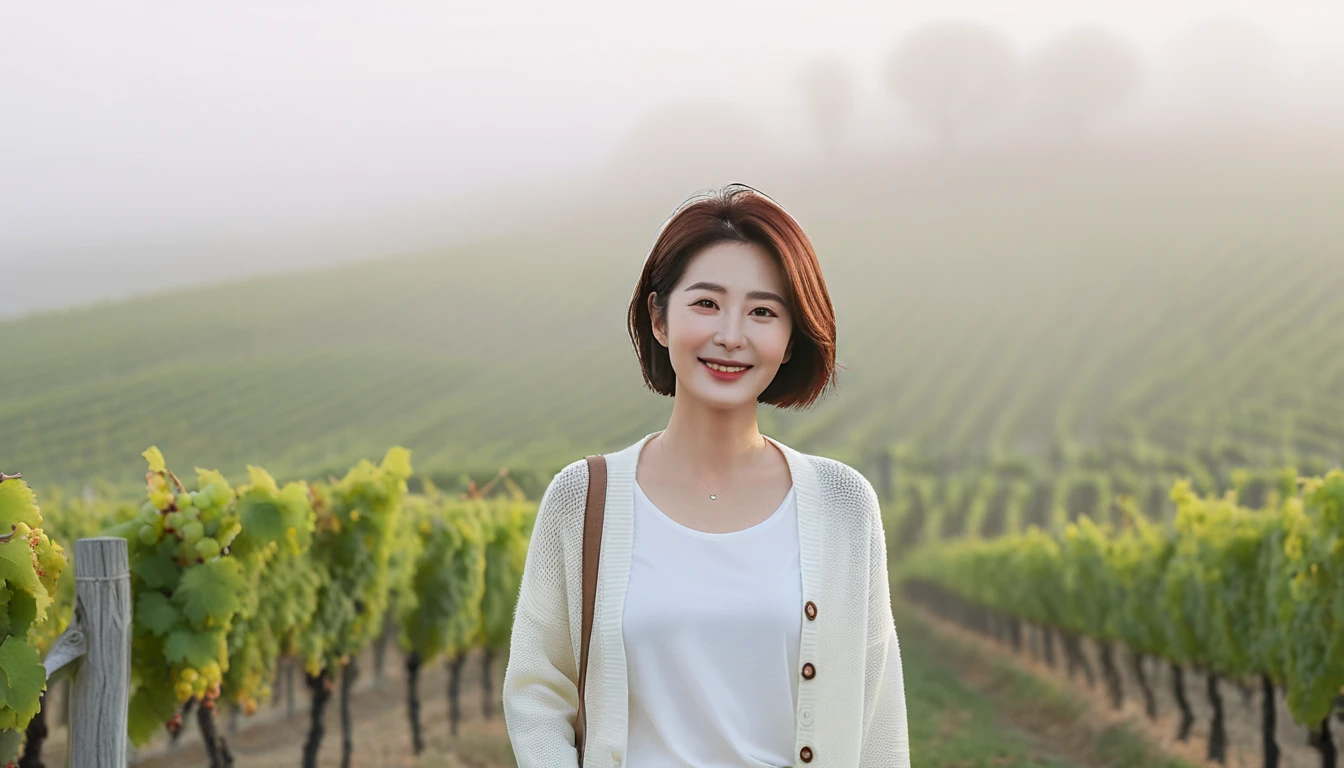 8k realistic, lifelike photo,, 36 year old Korean woman, Short in stature, pretty like a model. White shirt and short cardigan, casual pants, short medium hair, Smiley, Italy. vineyard, thick dawn fog. vineyard 멀리 짙은 안개 속으로 성당이 보인다. 1 woman, Short in stature, Excellent picture quality, The morning fog is thick, The picture quality is alive. 옆면 look up, sunrise red light, A monastery can be seen in the distance, . Smiley, Wide angle lens full body shot, look up, walking from afar, walking on a path