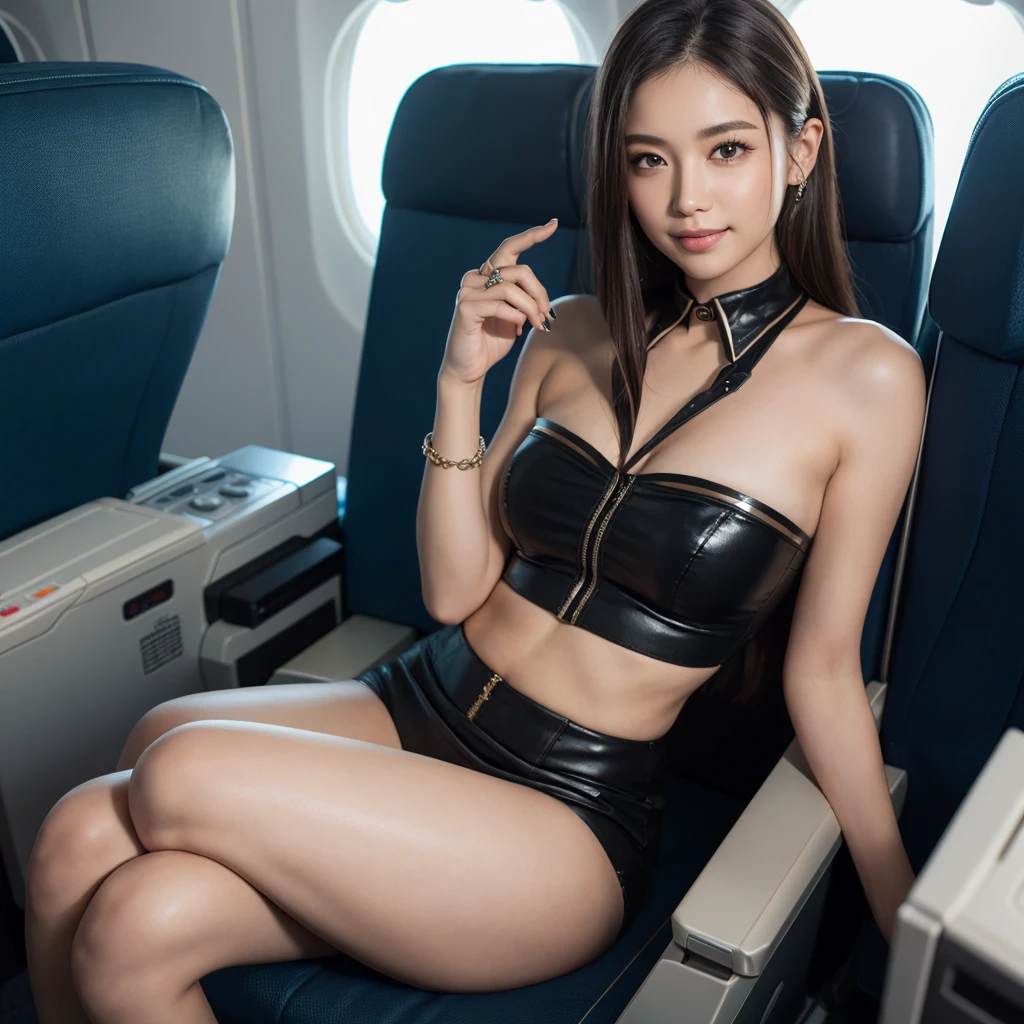 Sexy woman in stewardess uniform, Amazing beauty, pantimedias, very thin, Sitting cross-legged on the plane, a smile, high heel, gaming_NffSW (English) (English) (English), mesa, Best Quality, realistic photo, raw photo, 8k, high resolution, Detailed skins, perfect fingers, 8k, Soft lighting, high quality, Maximum quality, maximum detail, ultra realism, film grain, Fujifilm XT3, realistic skin textures, shiny skin, exposed thighs!!!