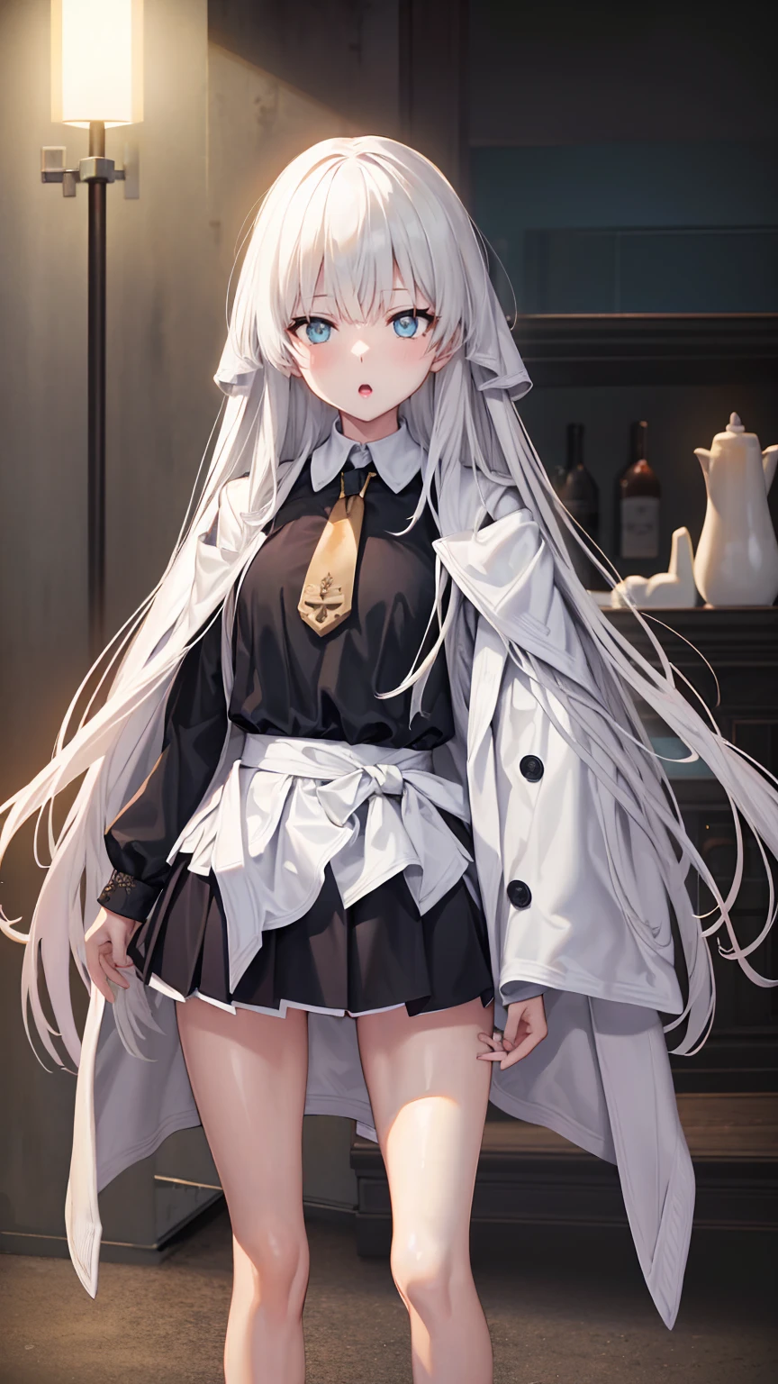 skirt, (Unbroken body), (Perfect body structure), (arms two), (legs two), highest quality, 4K, (High resolution: 1.3) masterpiece , 1.2, Super detailed, HDR, Studio Lighting, Sharp Focus, Bright colors, Portrait, Warm tones, Soft Lighting,Silver Hair、Blue Eyes、long hair、Standing picture, front