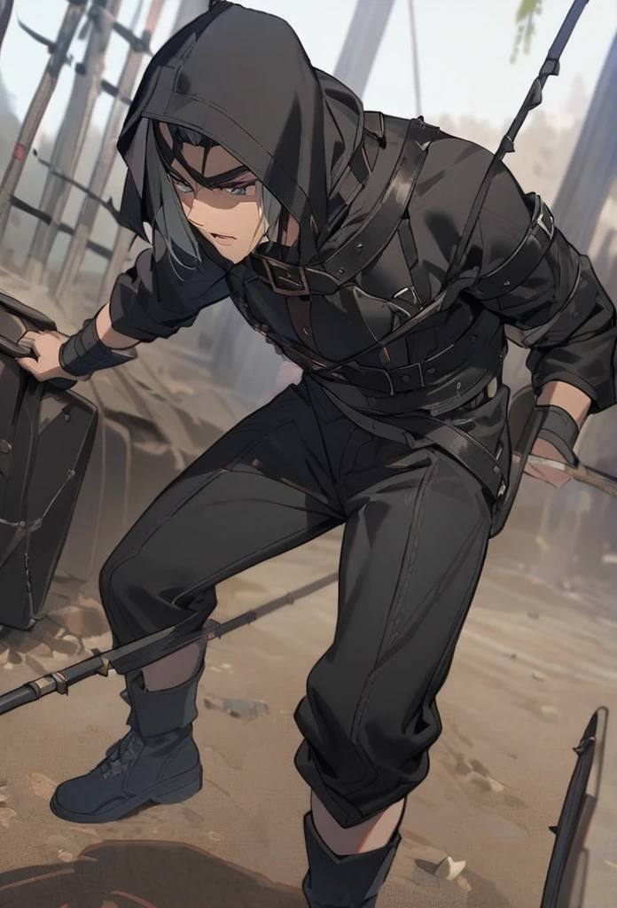 A warrior wearing black leather clothing setting traps on the ground