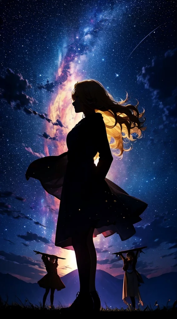 Starry Sky,dance,woman1people々,silhouette,blonde, dress,blonde long hair,