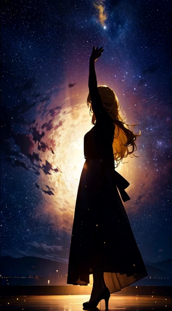 Starry Sky，dance，woman１people々，silhouette，blonde， dress，blonde long hair，