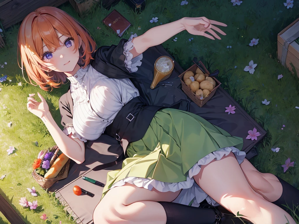 (Recall,food:1.3),(picnic:1.3),basket, Elf Ears, Park with a view, Highest quality, grassland park, blue sky, hiking, Best image quality,Perfect Anatomy,masterpiece,Ultra-detailed,beautiful,super high quality, Highest quality,High resolution, Very detailed,Game CG,Dutch Angle ,beautiful細部までこだわった目,Visual Arts,Five Fingers, Perfect hands,Hide your hands, {{{One Girl}}}, beautiful詳細な女の子, Game CG, Spring flower, One curl on the outside, Short Bob Hair, Pastel orange hair, Purple eyes,Stylish accessories solo, breast enhancement, Medium Shoot, woman, Take-out, Laughter, huge ,,Pastel green checkered mini skirt,Black knee-highs, {{{{{Wearing a pastel green camisole}}}}},Open your mouth, wonderful, beautiful細部までこだわった目, Highest quality, Very delicate,Masseter muscle area,Highest quality,(Official Art、Highest quality、Unity 8k wallpaper、32K、masterpiece、Ultra-detailed、超High resolution、Realistic、Photorealistic:1.2)、(Cinema Lighting:1.2)、Fire Glow Effect、The most grainy shadows on the film、Side light、Side Shot、(Ultra-detailedで複雑な3Dレンダリング)、Atelier Series, Multiple Girls