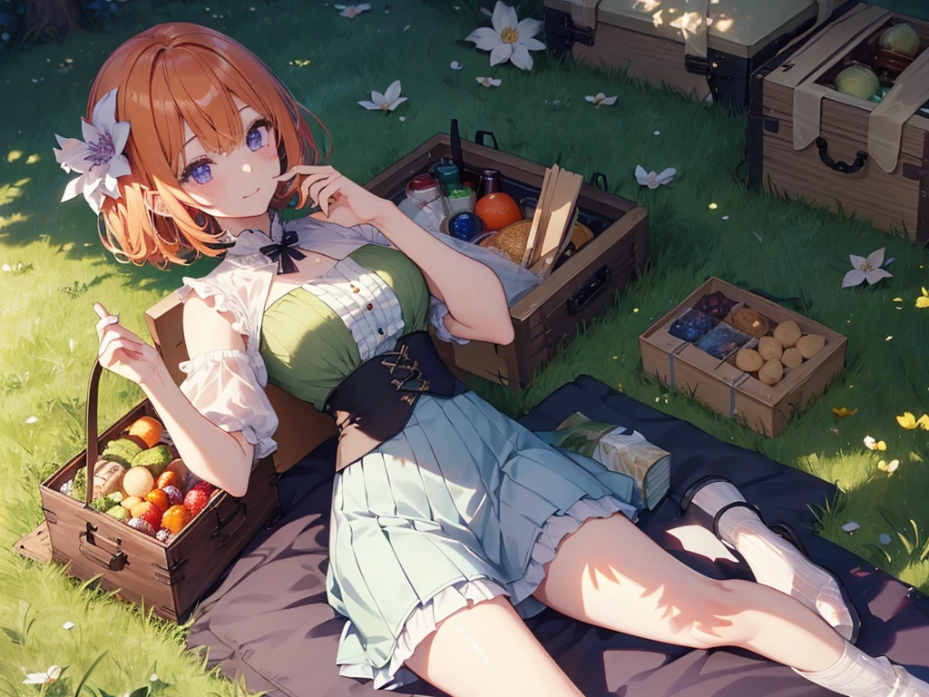 Woman sleeping on her back, (Recall,food:1.3),(picnic:1.3),basket, Elf Ears, Park with a view, Highest quality, grassland park, blue sky, hiking, Best image quality,Perfect Anatomy,masterpiece,Ultra-detailed,beautiful,super high quality, Highest quality,High resolution, Very detailed,Game CG,Dutch Angle ,beautiful細部までこだわった目,Visual Arts,Five Fingers, Perfect hands,Hide your hands, {{{One Girl}}}, beautiful詳細な女の子, Game CG, Spring flower, One curl on the outside, Short Bob Hair, Pastel orange hair, Purple eyes,Stylish accessories solo, breast enhancement, Medium Shoot, woman, Take-out, Laughter, huge ,,Pastel green checkered mini skirt,Black knee-highs, {{{{{Wearing a pastel green camisole}}}}},Open your mouth, wonderful, beautiful細部までこだわった目, Highest quality, Very delicate,Masseter muscle area,Highest quality,(Official Art、Highest quality、Unity 8k wallpaper、32K、masterpiece、Ultra-detailed、超High resolution、Realistic、Photorealistic:1.2)、(Cinema Lighting:1.2)、Fire Glow Effect、The most grainy shadows on the film、Side light、Side Shot、(Ultra-detailedで複雑な3Dレンダリング)、Atelier Series, Multiple Girls