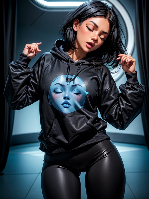 Woman with black hair, fair skin, blue eyes, black sweatshirt and leggings, looking at the viewer with a sleepy expression and open mouth. closed eyes.