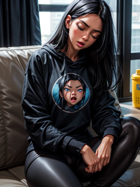 Woman with black hair, fair skin, blue eyes, black sweatshirt and leggings, looking at the viewer with a sleepy expression and open mouth. closed eyes.