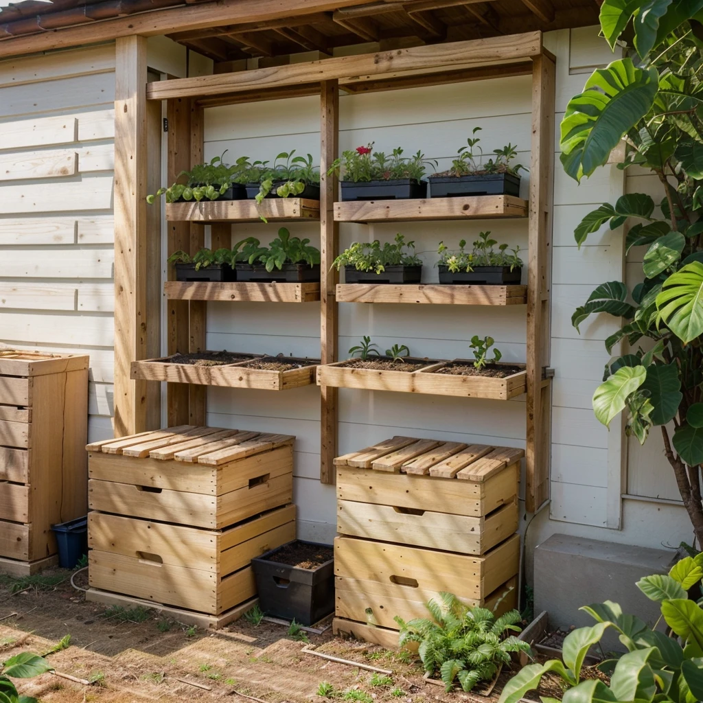 hundreds of wooden boxes are neatly arranged on the side wall of the house, for cultivating meliponica bees. Around it there are banana plants.