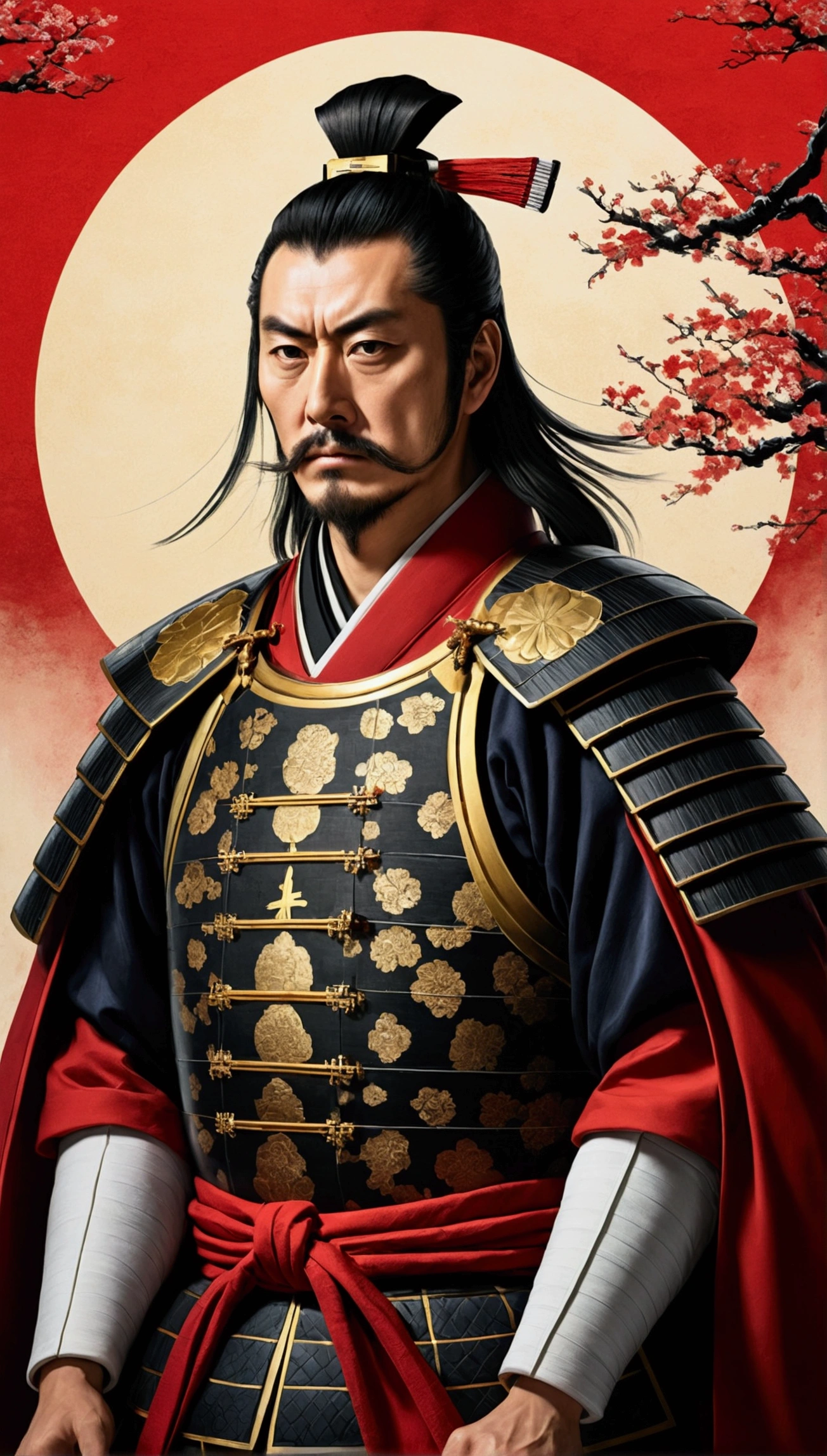 A portrait of Oda Nobunaga with a historical background, traditional Japanese art style, showcasing his powerful and commanding presence.
